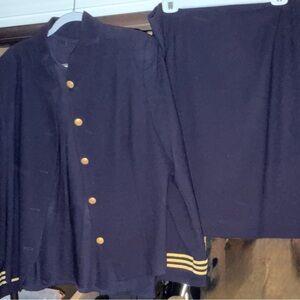 Women’s Navy Military-Style Jacket and Skirt Set with Gold Trim